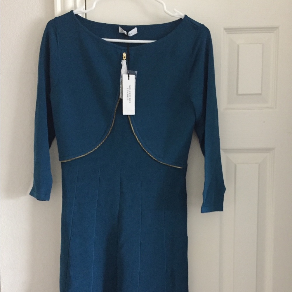 Blue dress with gold zipper decal